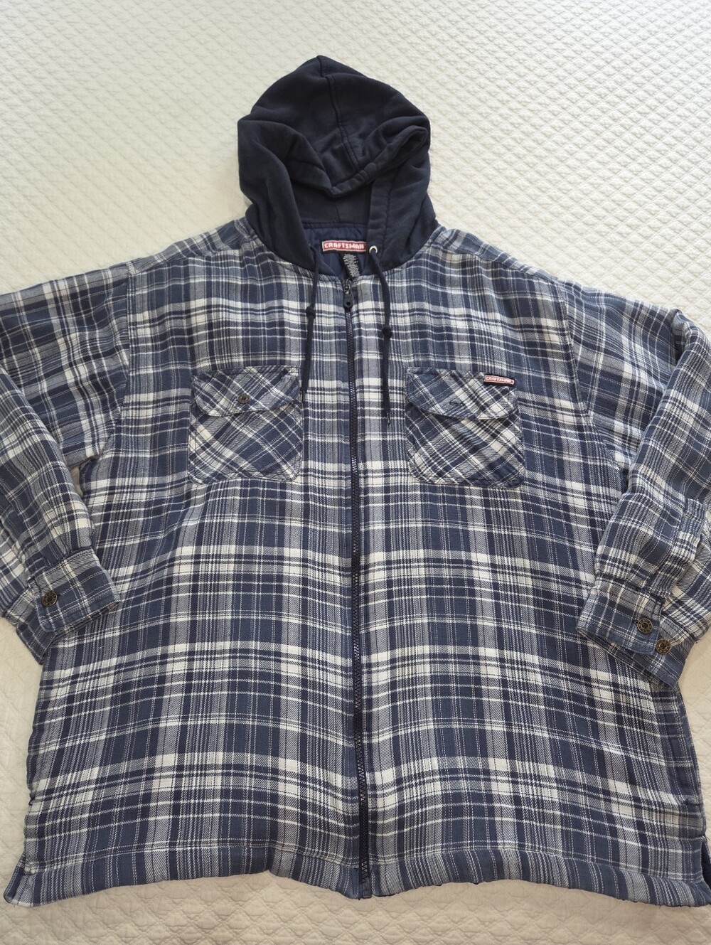 Craftsman Men Large Blue Plaid Flannel Jacket Hood Full Zip Quilted Lining Chore